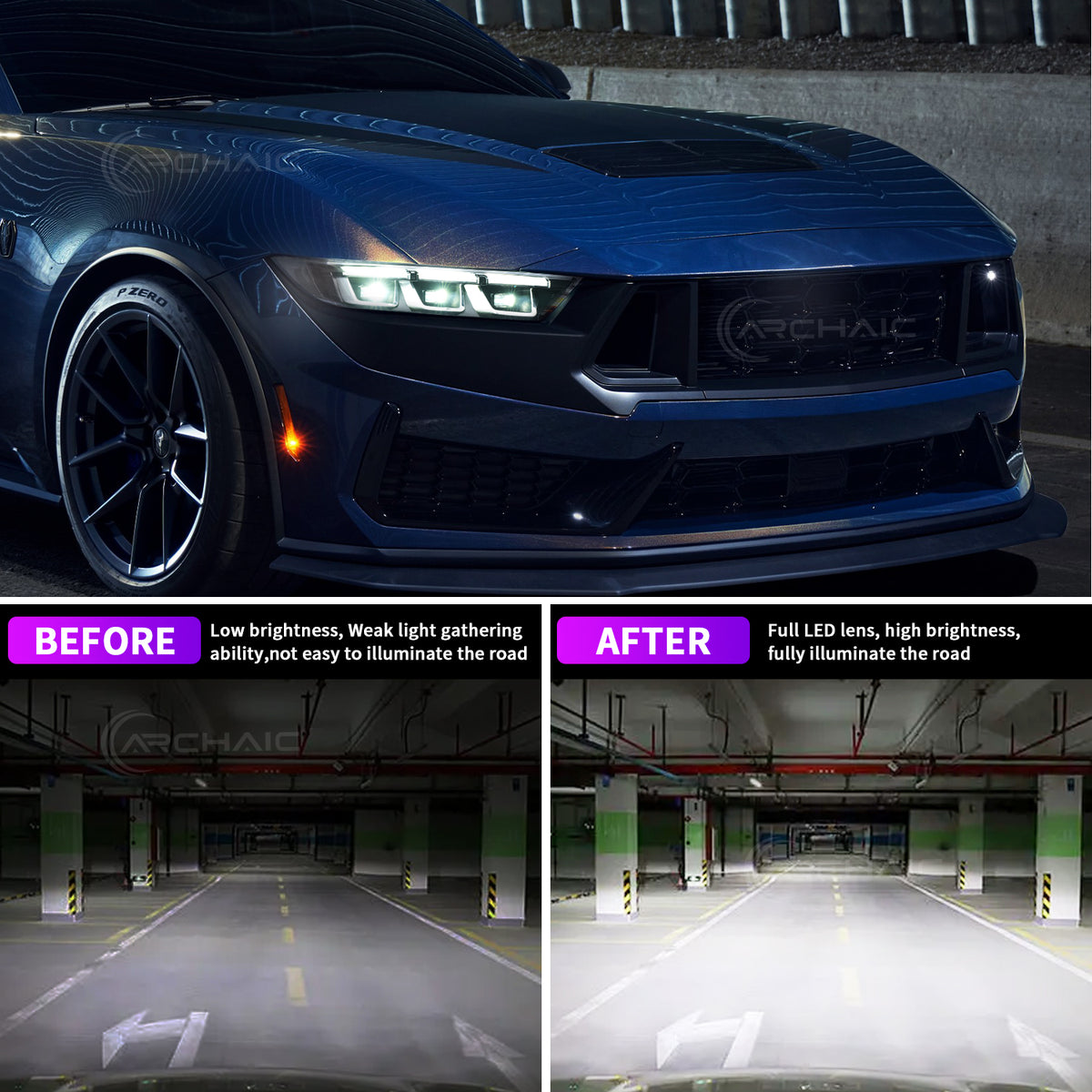 Retro-LED-Scheinwerfer für Ford Mustang OE (ab 2024), Chrom-Schwarz-Ausführung