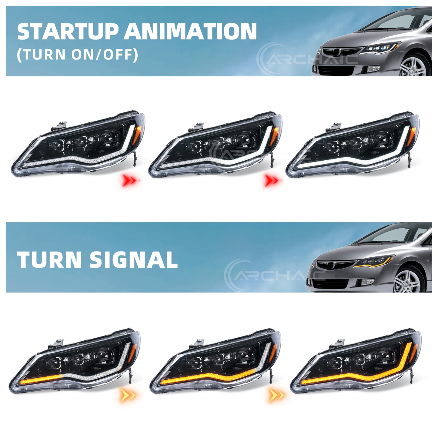 Archaic LED Headlights Assembly For 2006-2011 Honda Civic FD1 FD2 FD3 Sedan Type R | JDM Spec ONLY (NOT For USDM FA1/FA5 Models)