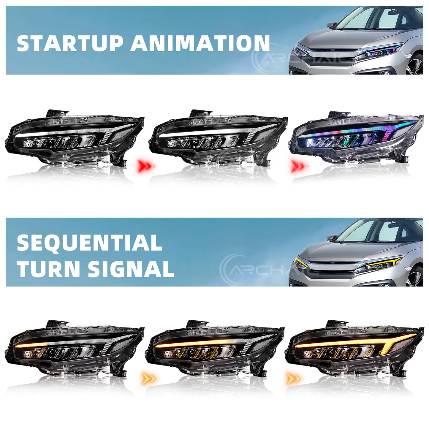 Archaic RGB Headlights Assembly For 2016-2021 Honda Civic 10th Gen | Dynamic DRL Sequential Turn Signal