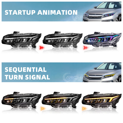 Archaic RGB Headlights Assembly For 2016-2021 Honda Civic 10th Gen | Dynamic DRL Sequential Turn Signal