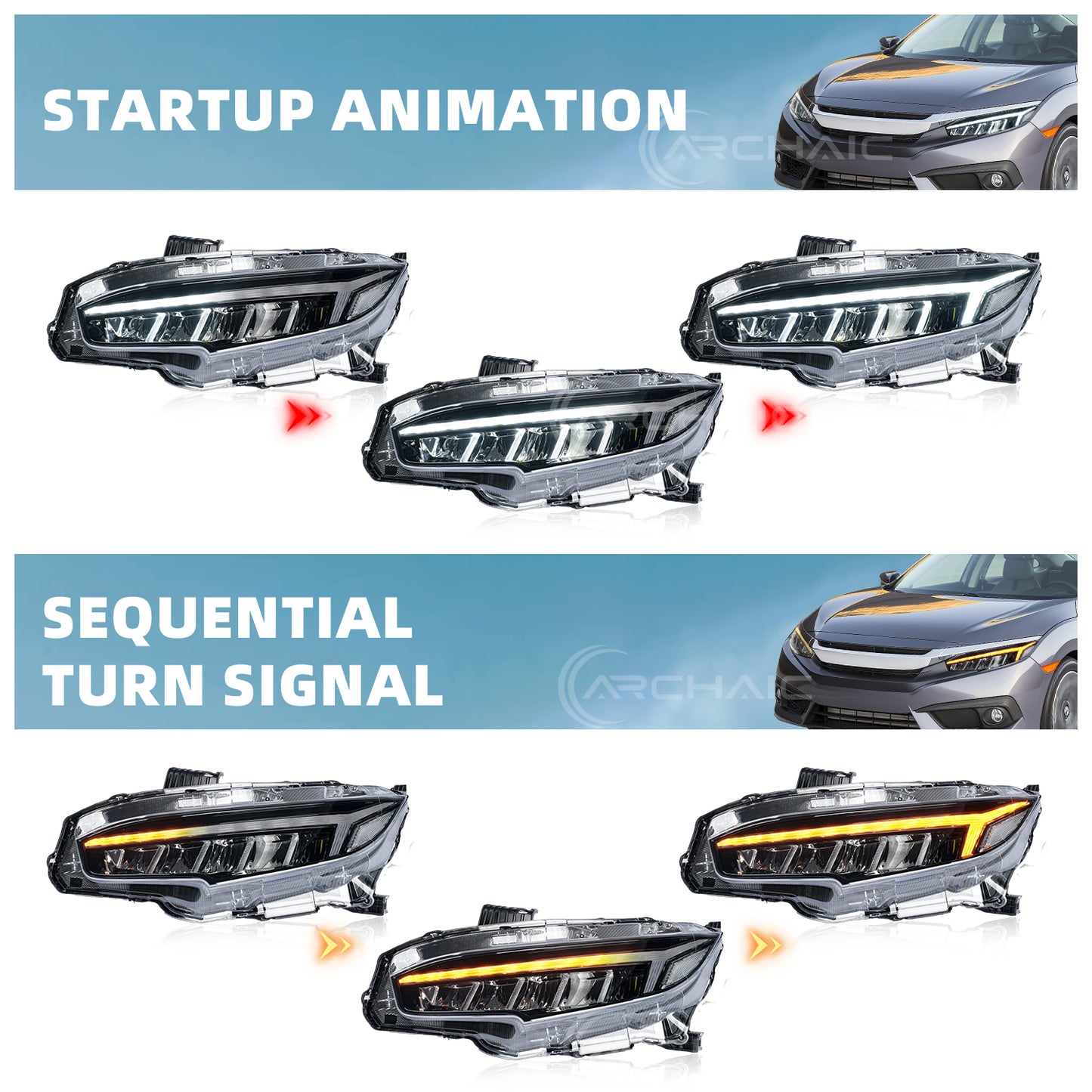 Archaic LED Headlights Assembly For 2016-2021 Honda Civic 10th Gen | Dynamic DRL Sequential Turn Signal