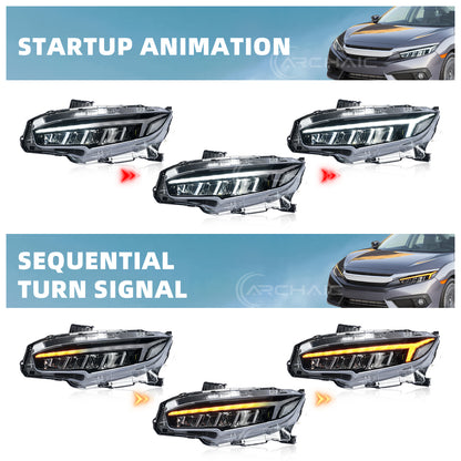 Archaic LED Headlights Assembly For 2016-2021 Honda Civic 10th Gen | Dynamic DRL Sequential Turn Signal