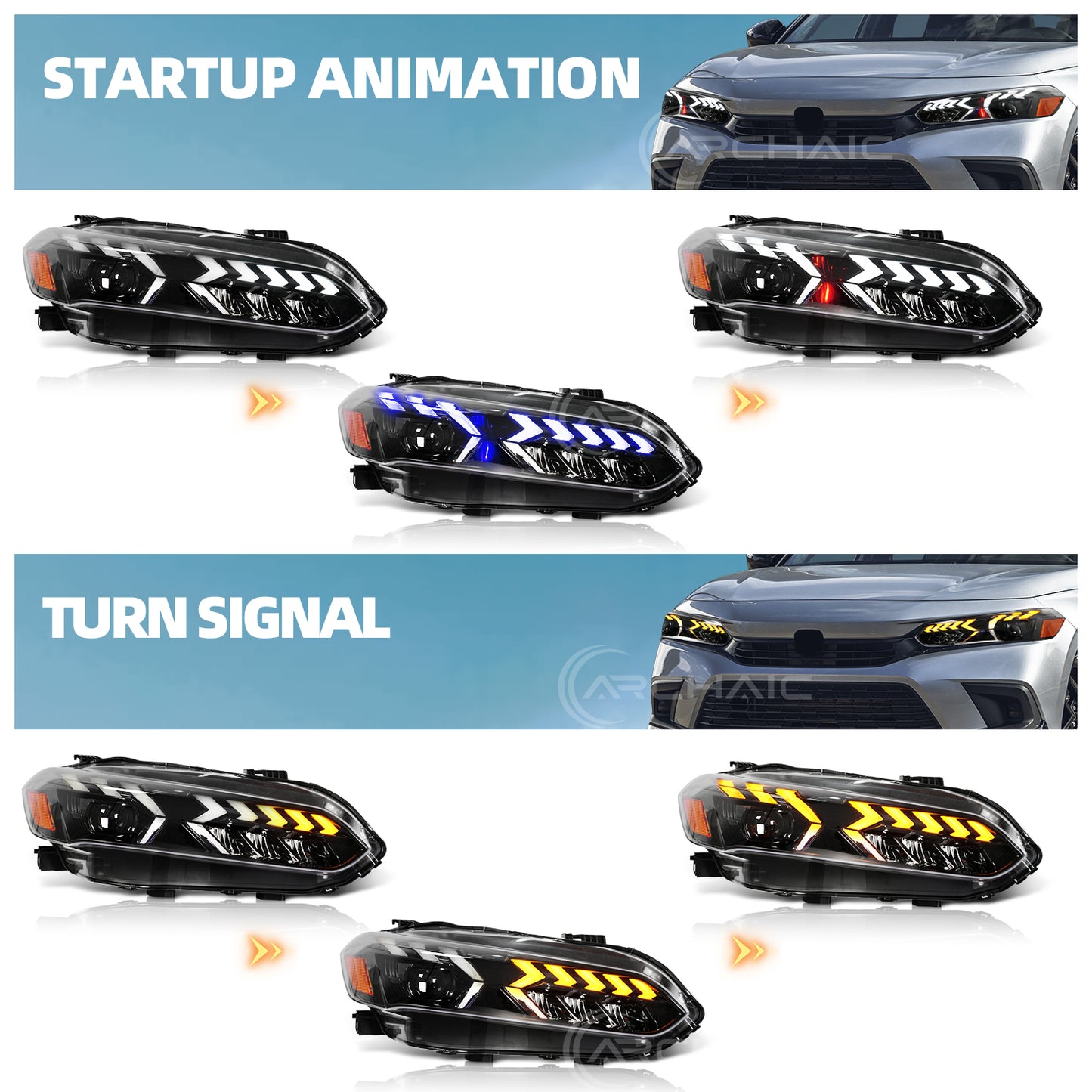 Retro-LED-Scheinwerfer für Honda Civic der 11. Generation (2022–2025) mit Startanimation und Tagfahrlicht