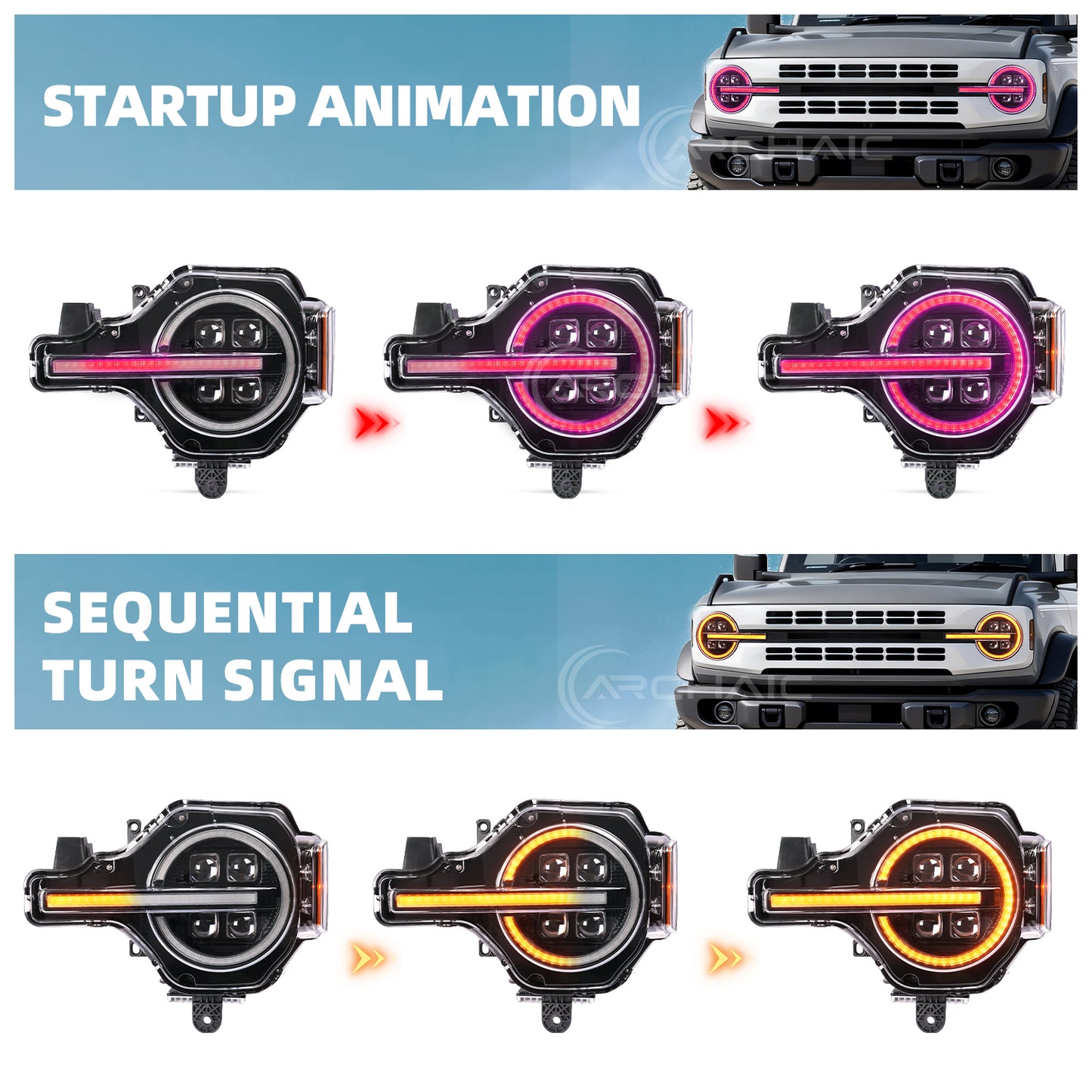 Archaic 4Lens Headlights Ford Bronco 2021-2026, DRL/Projector Lens Custom Light