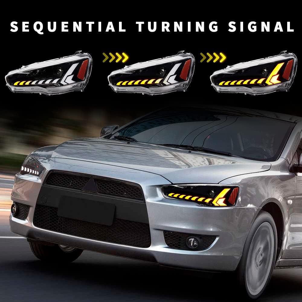 LED Headlights for Mitsubishi Lancer & EVO X 2008-2020 Projector Front lamp Assembly w Sequential Turn Signal and Startup Animation DRL