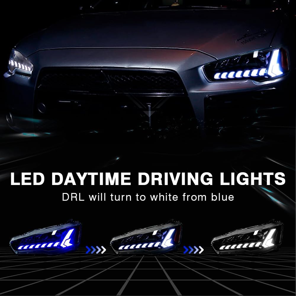 LED Headlights for Mitsubishi Lancer & EVO X 2008-2020 Projector Front lamp Assembly w Sequential Turn Signal and Startup Animation DRL