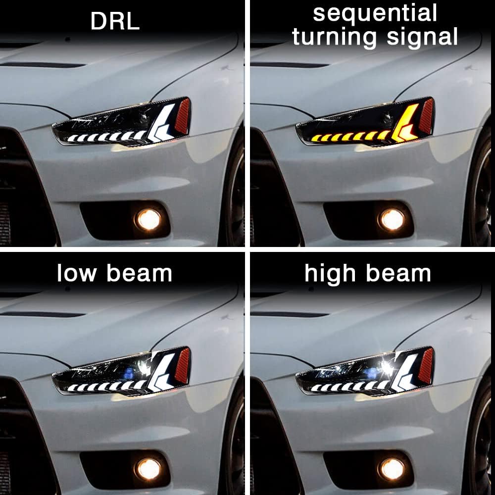 LED Headlights for Mitsubishi Lancer & EVO X 2008-2020 Projector Front lamp Assembly w Sequential Turn Signal and Startup Animation DRL