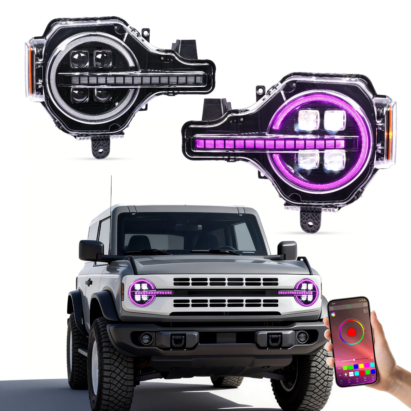 Archaic 4Lens Headlights Ford Bronco 2021-2026, DRL/Projector Lens Custom Light