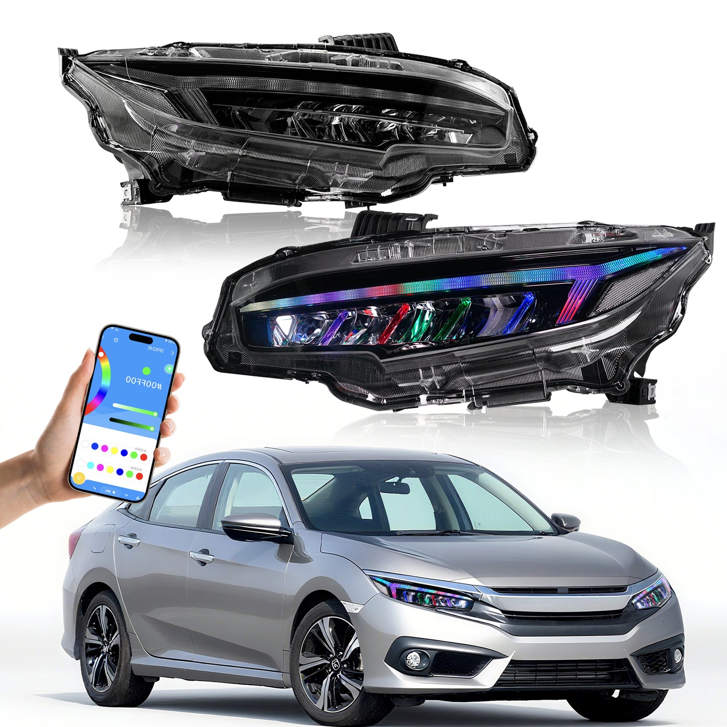 Archaic RGB Headlights Assembly For 2016-2021 Honda Civic 10th Gen | Dynamic DRL Sequential Turn Signal
