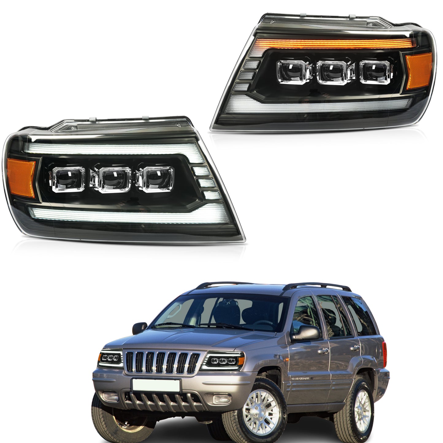 Pair LED Projector Headlights For Jeep Grand Cherokee 1999-2004 Headlamp with Sequential Turn Signal
