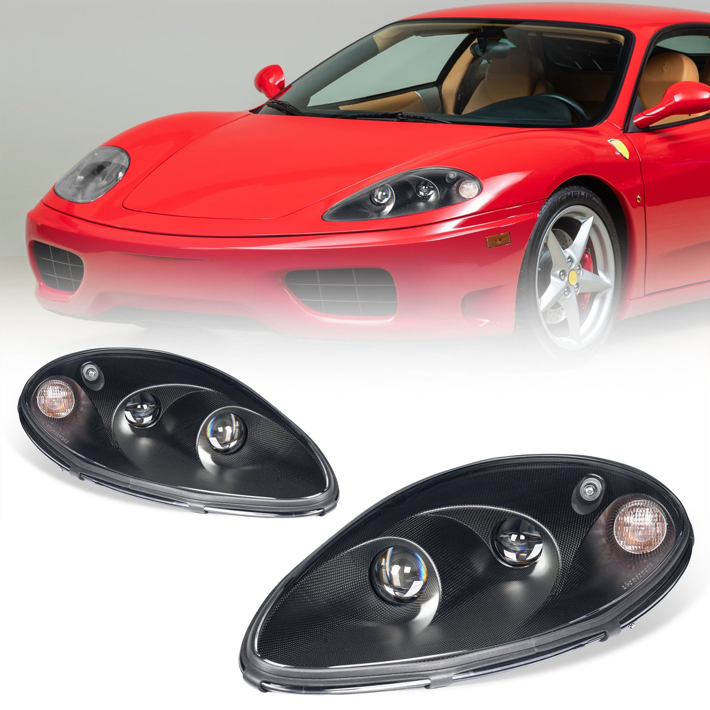Bi-LED Headlights for Ferrari 360 Modena 1999-2004 | Real Carbon Fiber OEM+ Upgrade,with E-matk Certificate