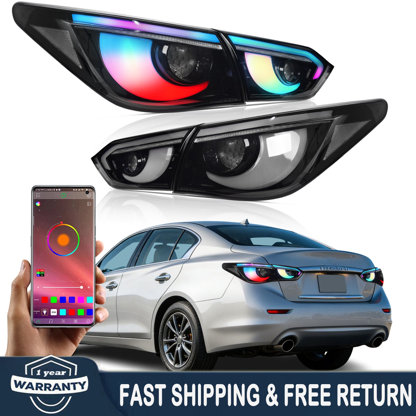RGB LED Tail Lights for Infiniti Q50 Sedan Skyline V37 2014-2017 | Sequential Turn Signals, Dynamic Startup Animation DRL, Plug-and-Play, Pair