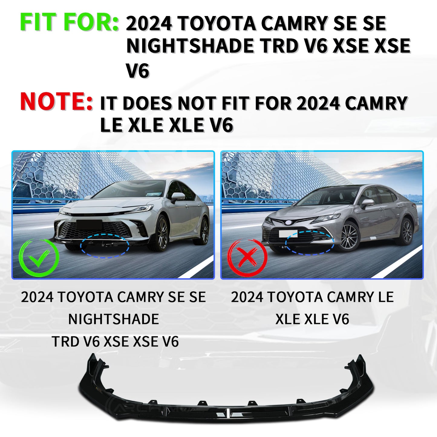 Archaic Front Bumper Lower Lip For Toyota Camry XSE XLE 2024