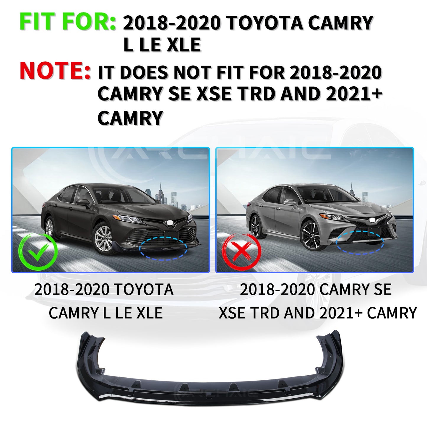 Archaic Front Bumper Lower Lip For Toyota Camry Hybrid 2018 2019 2020