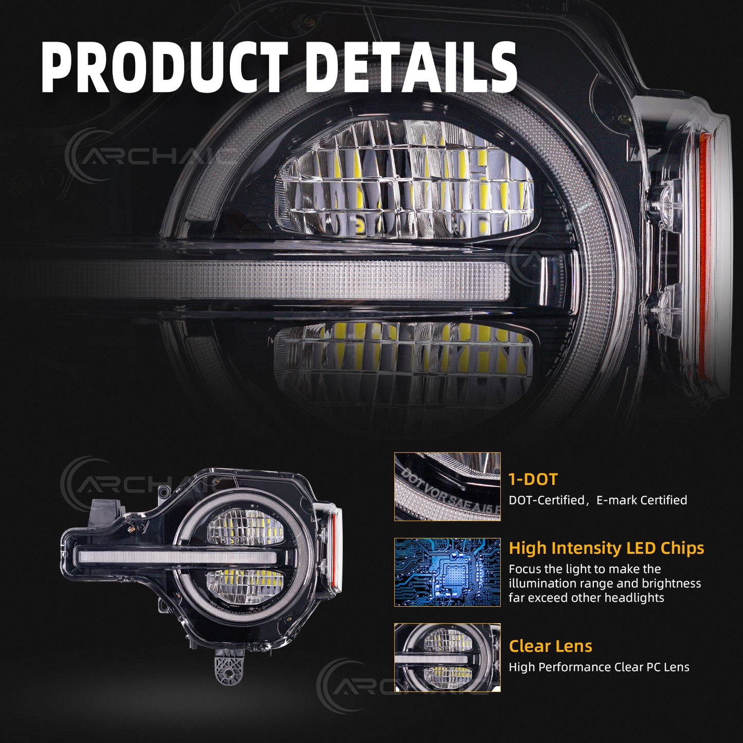 Archaic LED Headlight Assembly For Ford Bronco 2021-2025 Startup Animation