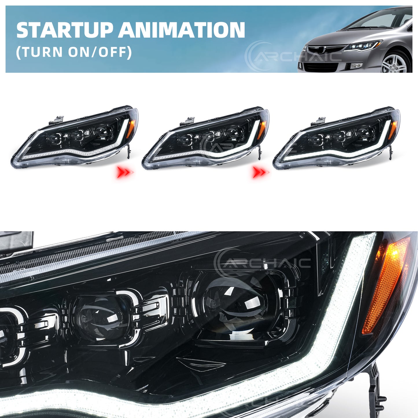 Archaic LED Headlights Assembly For 2006-2011 Honda Civic FD1 FD2 FD3 Sedan Type R | JDM Spec ONLY (NOT For USDM FA1/FA5 Models)