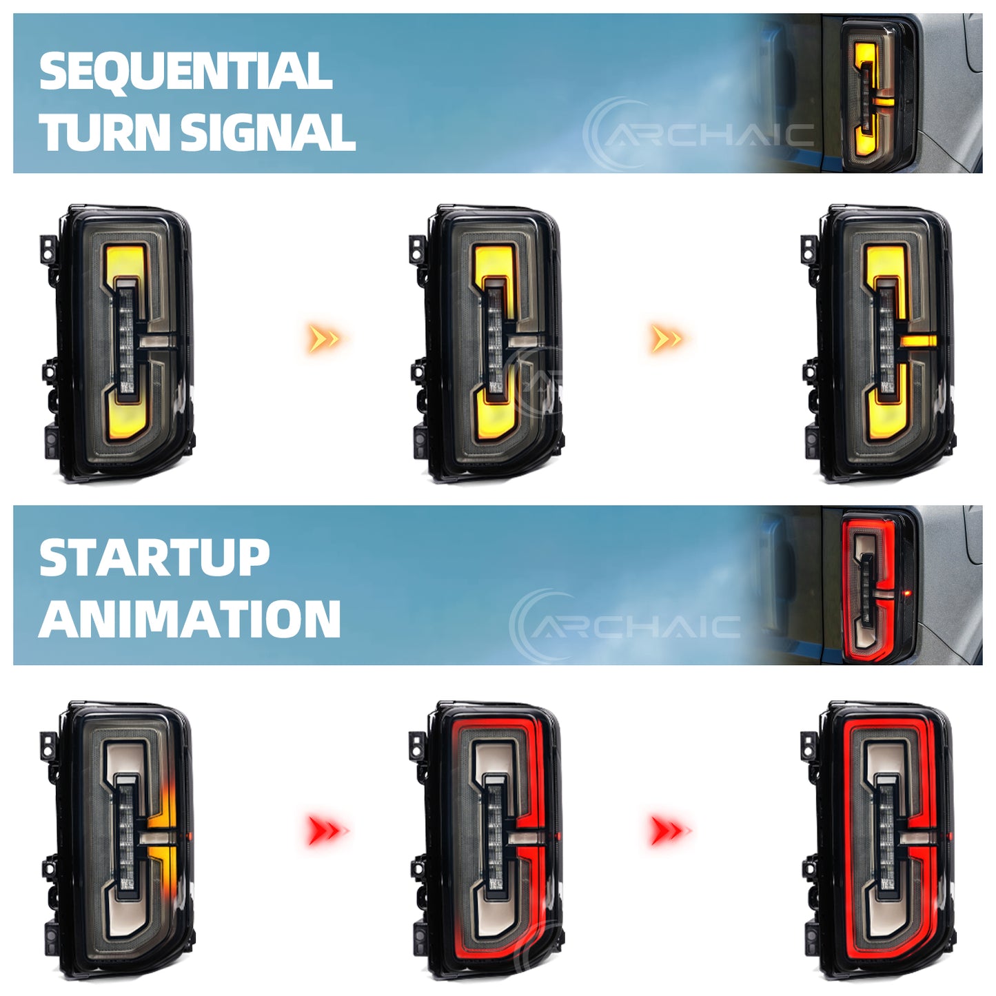 Archaic Full LED Tail Lights for Ford Bronco 2021–Up | Sequential Turn Signals