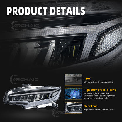 Archaic LED Headlights Assembly For 2016-2021 Honda Civic 10th Gen | Dynamic DRL Sequential Turn Signal