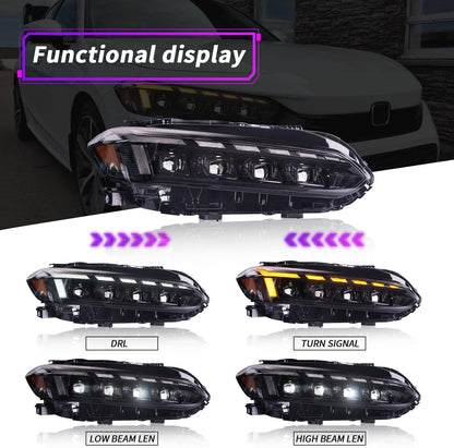 Archaic LED Headlight Assembly For 11th Gen Honda Civic 2022-2025 Startup Animation DRL