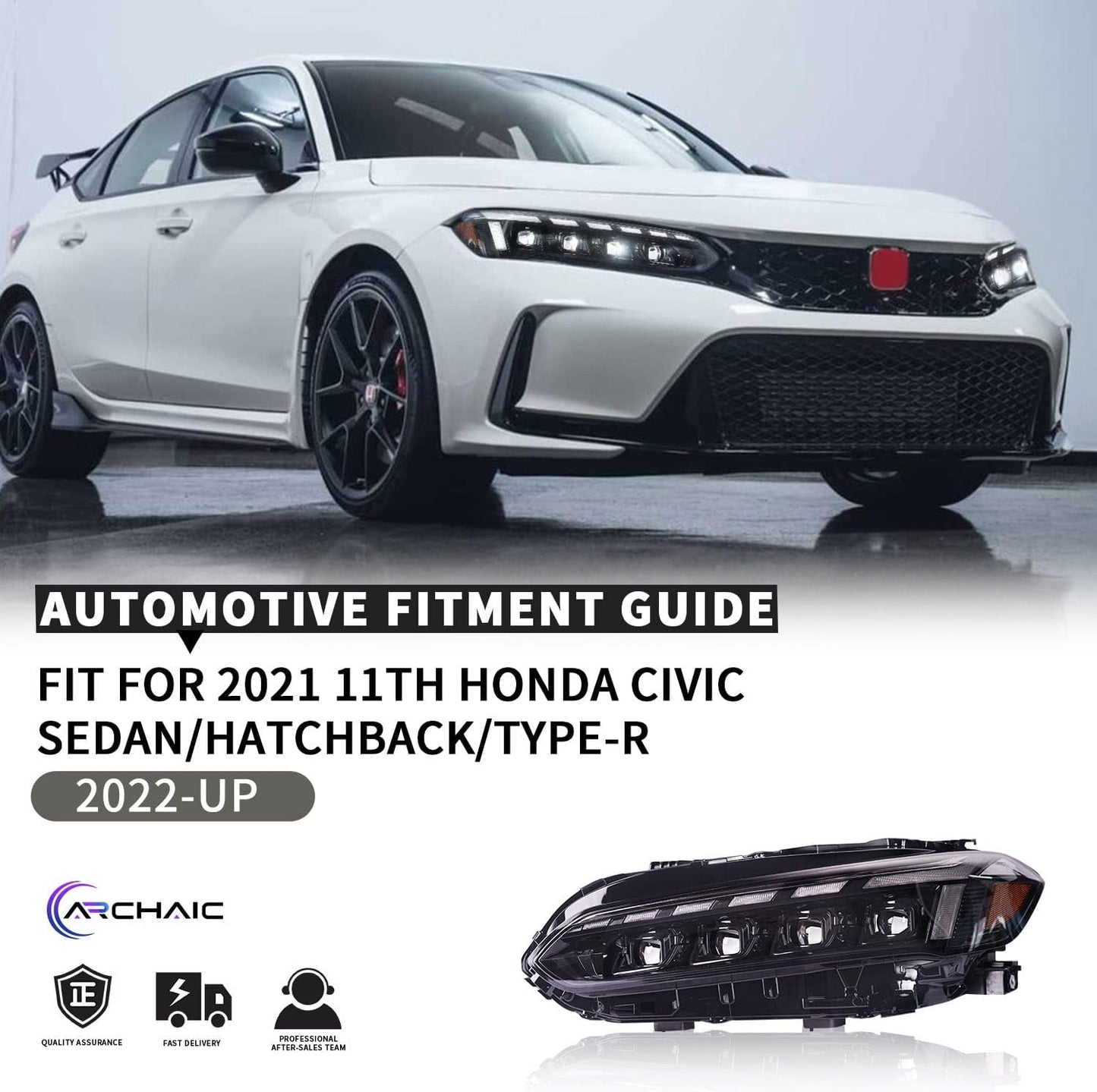 Archaic LED Headlight Assembly For 11th Gen Honda Civic 2022-2025 Startup Animation DRL
