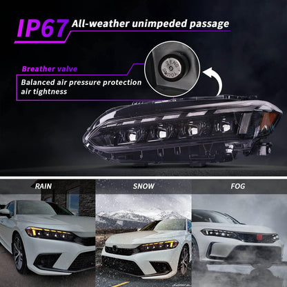 Archaic LED Headlight Assembly For 11th Gen Honda Civic 2022-2025 Startup Animation DRL