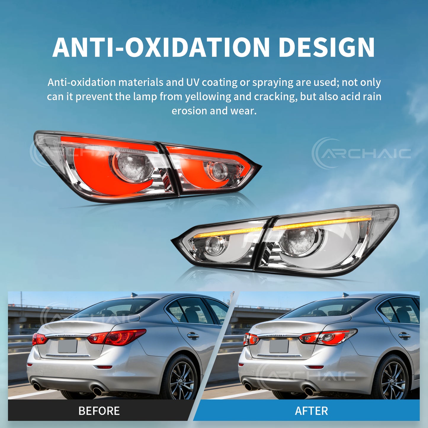 LED Tail Lights for Infiniti Q50 Sedan Skyline V37 2014-2017 | Sequential Turn Signals, Animated Startup, DRL Rear Lamp Assembly by Archaic