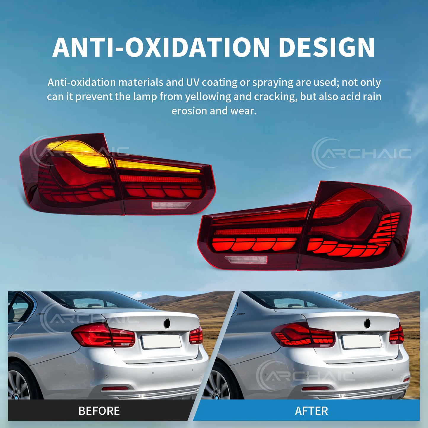 Archaic LED GTS Tail lights for BMW 3 Series F30 F80 M3 2013-2018,with Sequential Turn Signal and Startup Animation