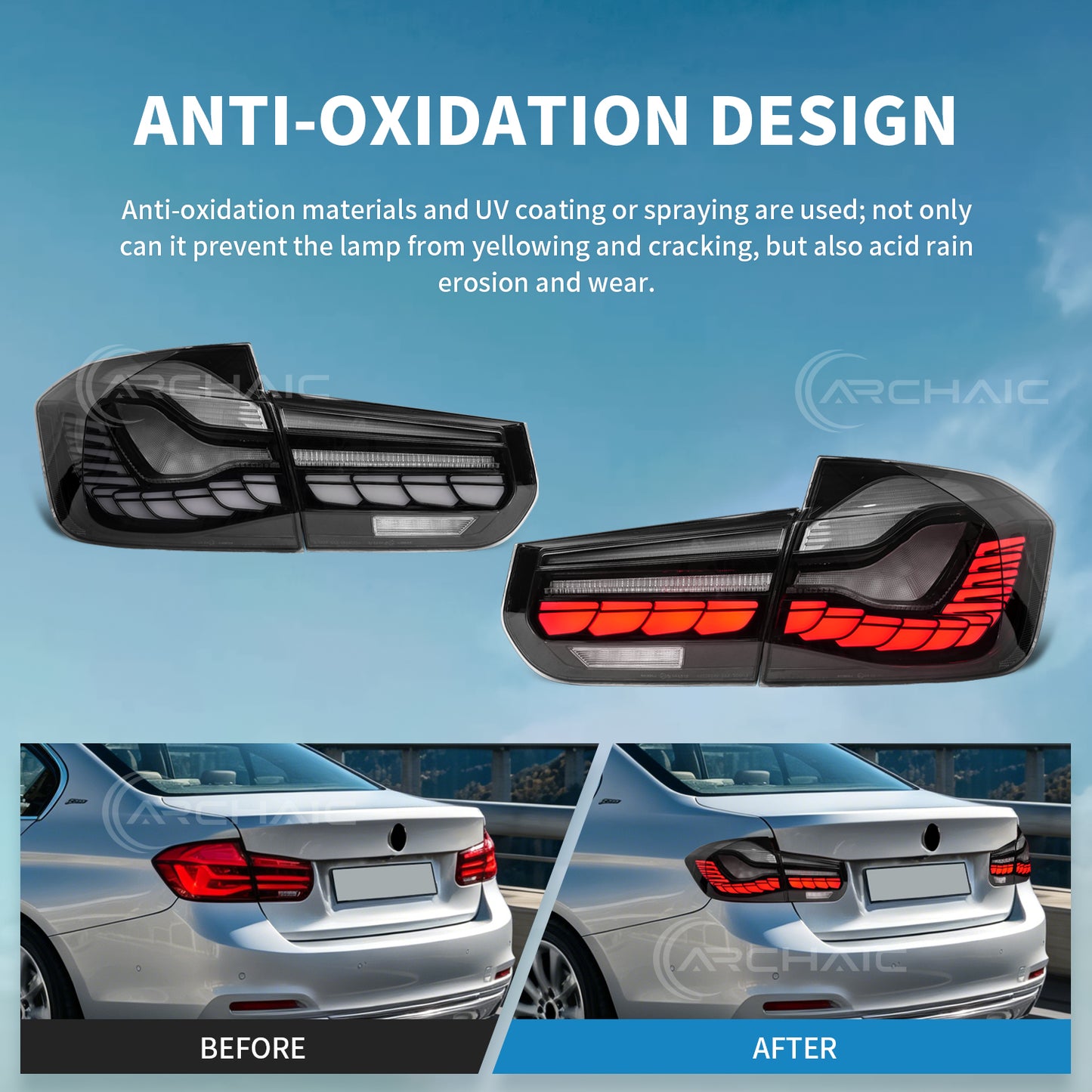 Archaic LED GTS Tail lights for BMW 3 Series F30 F80 M3 2013-2018,with Sequential Turn Signal and Startup Animation