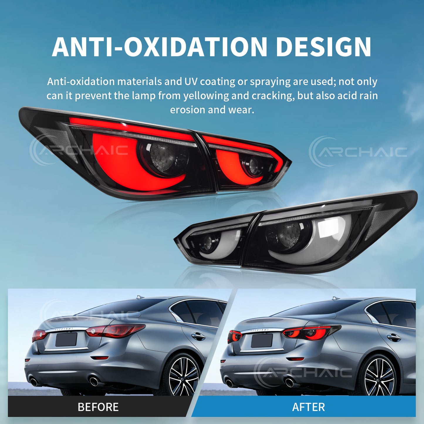 LED Tail Lights for Infiniti Q50 Sedan Skyline V37 2014-2017 | Sequential Turn Signals, Animated Startup, DRL Rear Lamp Assembly by Archaic