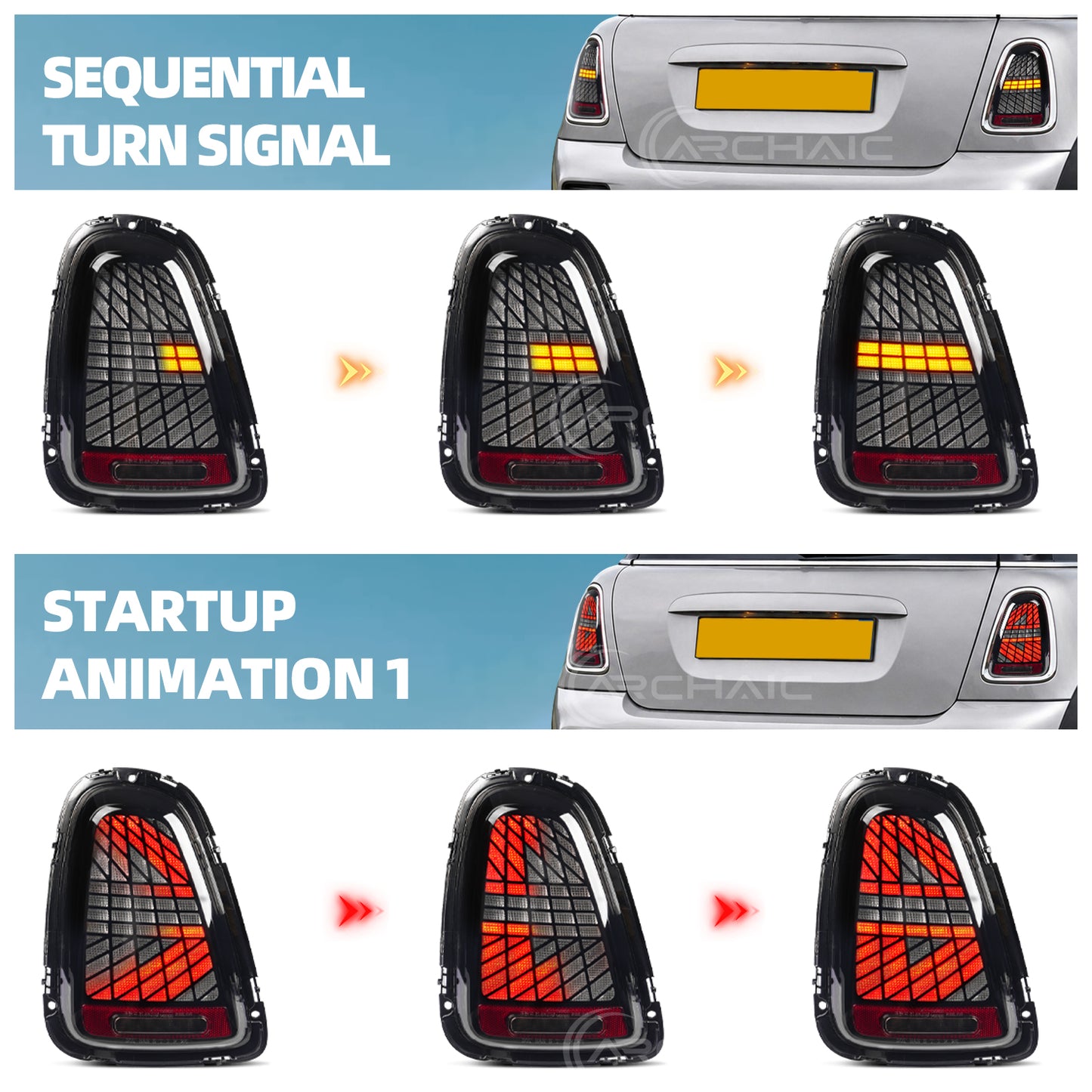 Archaic LED Tail Lights Assembly For Mini Cooper R56 R57 R58 R59 3 Models Startup Animation