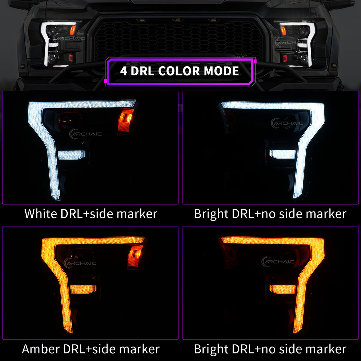 Archaic Full LED Headlights for Ford F-150 2015–2017 & Raptor 2017–2020 | Amber/White DRLs