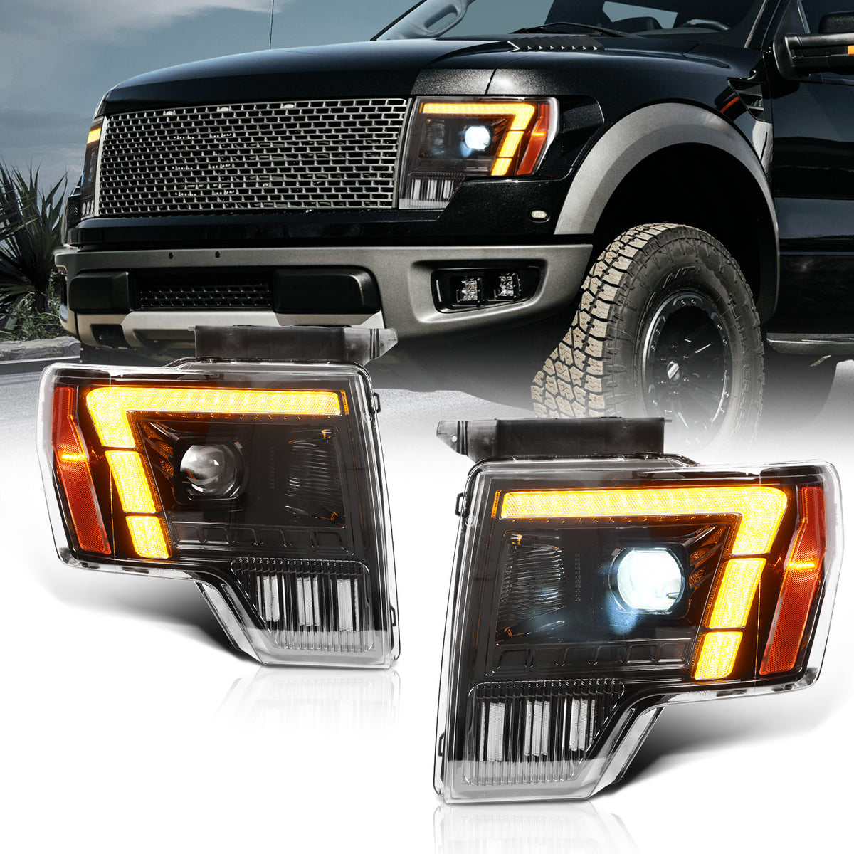 Archaic Full LED Projector Headlights For Ford F-150 2009–2014 | White/Amber DRLs
