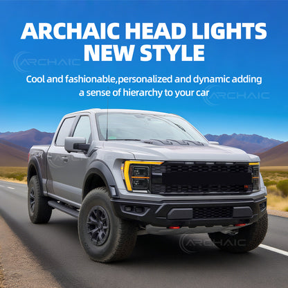 Archaic LED Headlight Assembly For 14th Gen Ford F150 F-150 2021 2022 2023,with White/Amber DRL