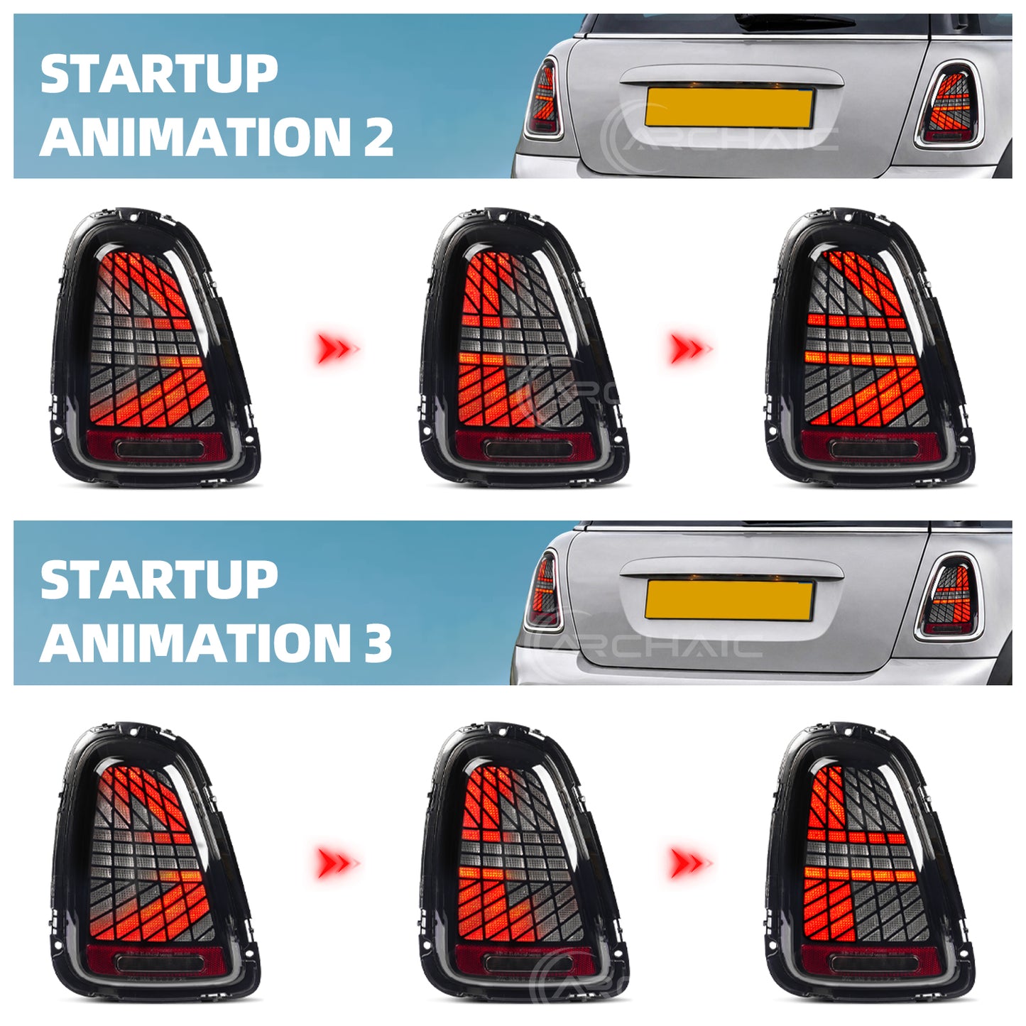 Archaic LED Tail Lights Assembly For Mini Cooper R56 R57 R58 R59 3 Models Startup Animation