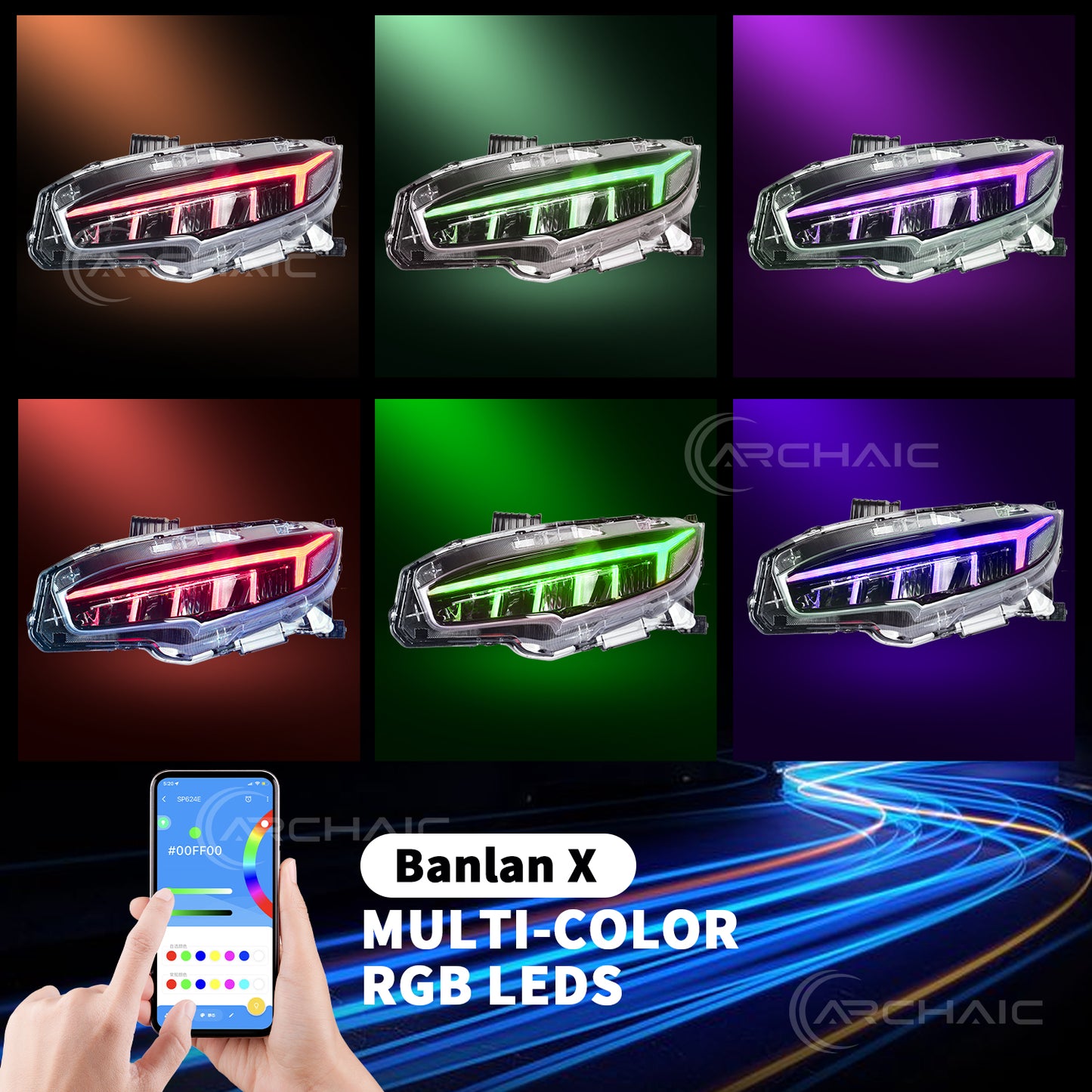 Archaic RGB Headlights Assembly For 2016-2021 Honda Civic 10th Gen | Dynamic DRL Sequential Turn Signal