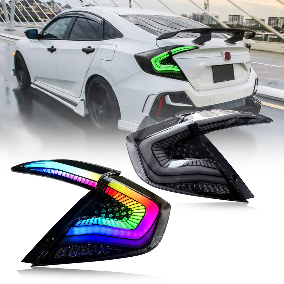 Archaic RGB Tail Lights Assembly For 2016-2021 Honda Civic Sedan 4-Door | Smoked Lens Style Sequential Turn Signals & Dynamic DRL