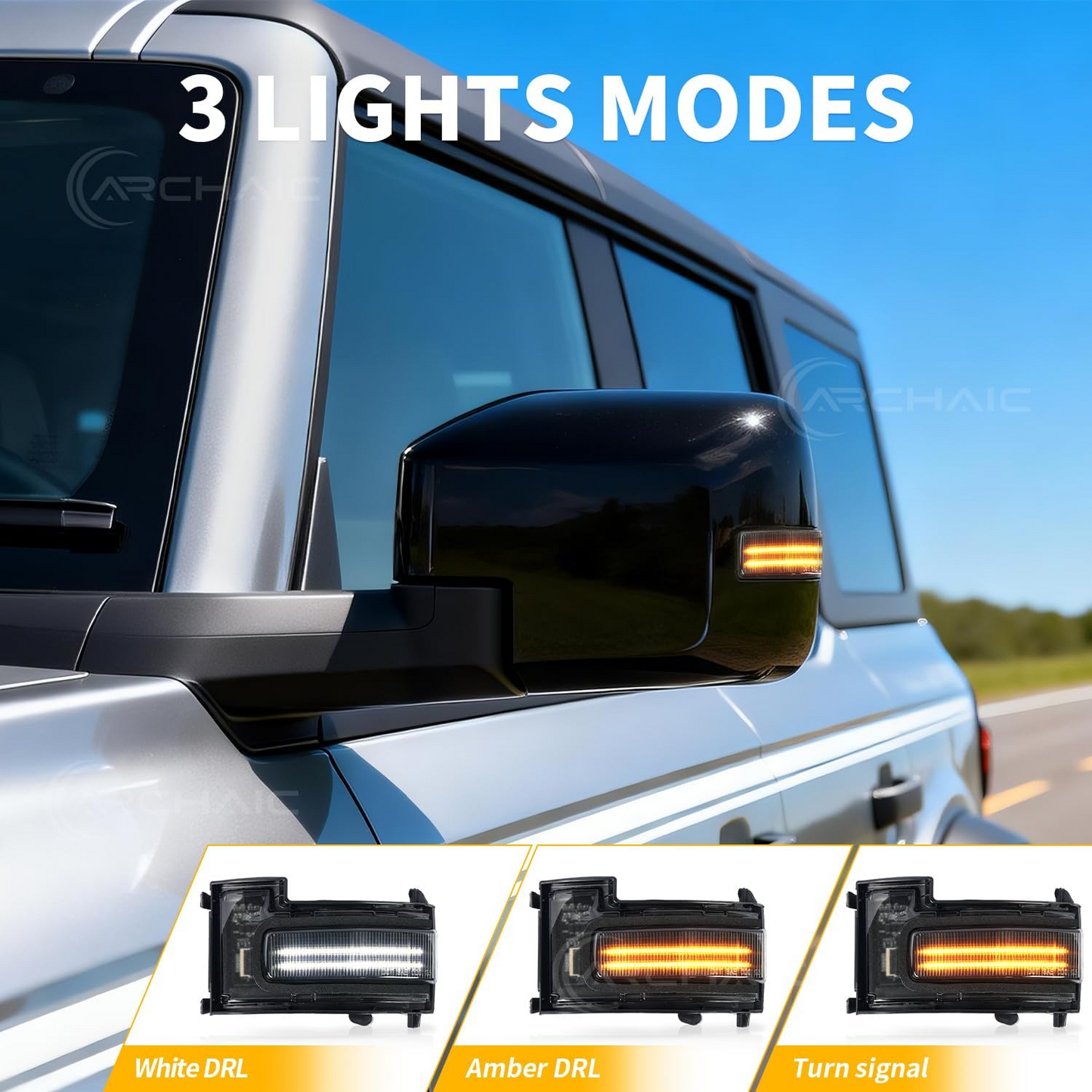 Archaic LED Side Mirror Marker Lights For 2021-2025 Ford Bronco Amber/White DRL Pair