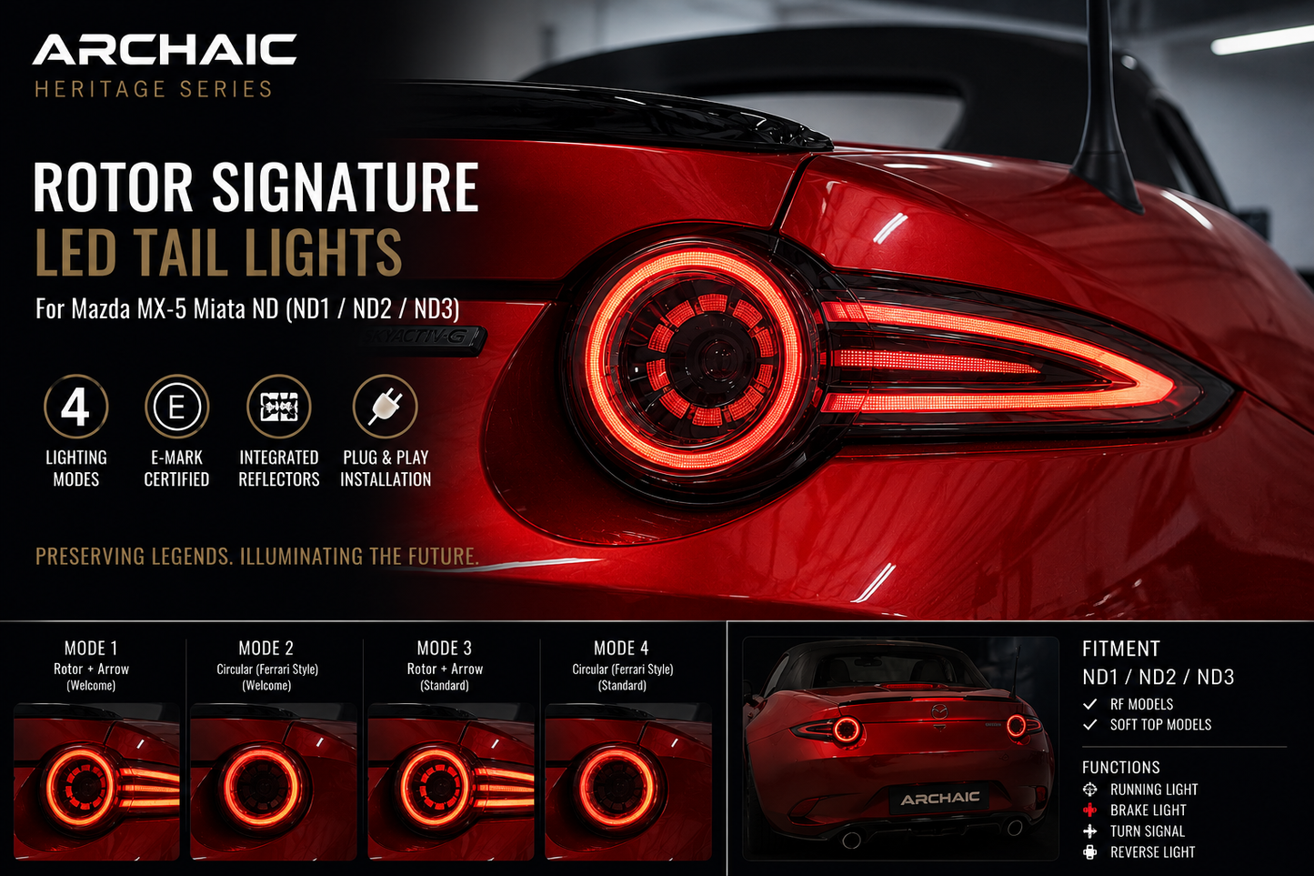 🔥 PRE-ORDER Archaic Heritage Series – Rotor Signature E-Mark LED Tail Lights for Mazda MX-5 Miata ND (ND1 / ND2 / ND3)