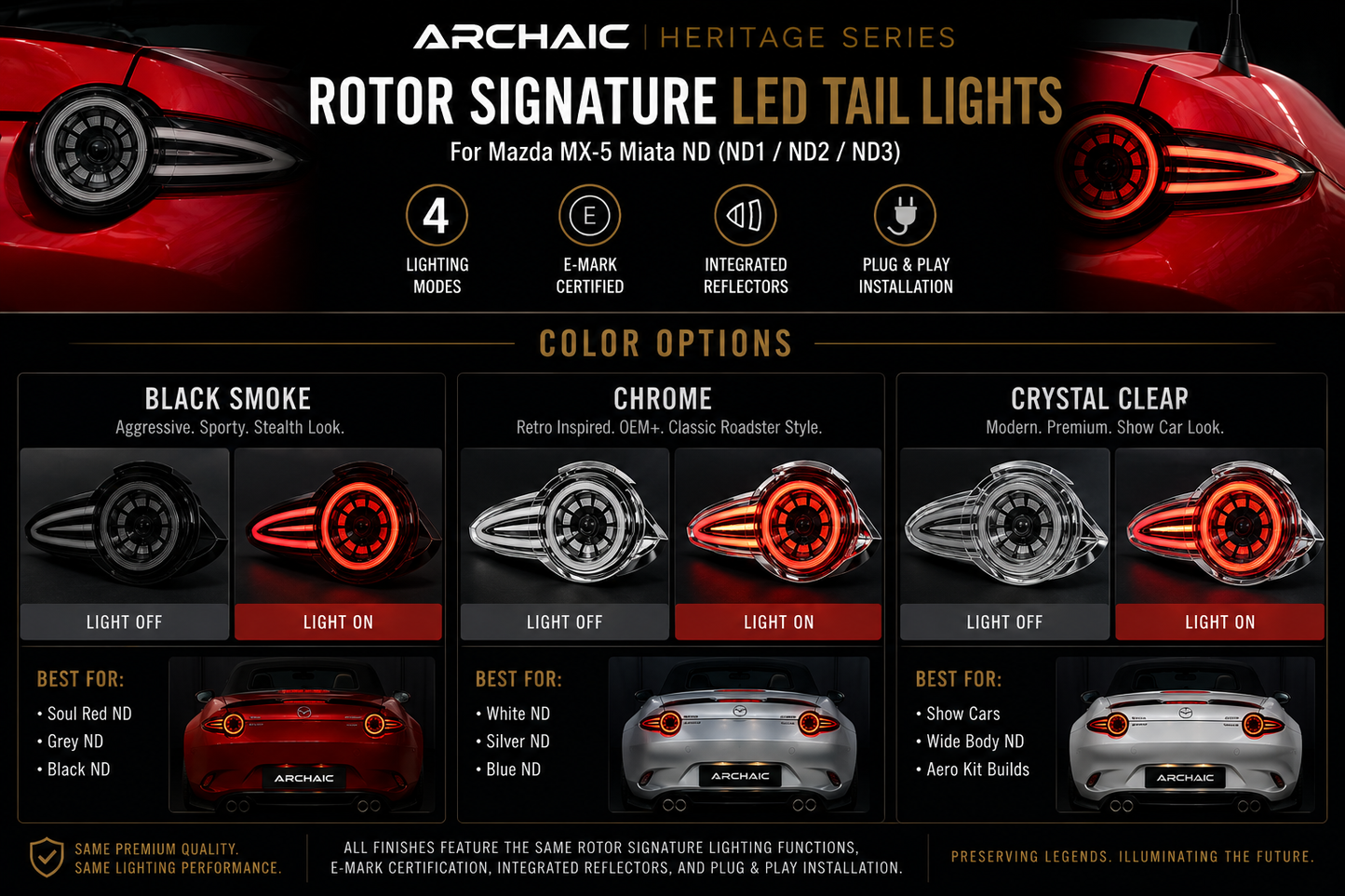 🔥 PRE-ORDER Archaic Heritage Series – Rotor Signature E-Mark LED Tail Lights for Mazda MX-5 Miata ND (ND1 / ND2 / ND3)
