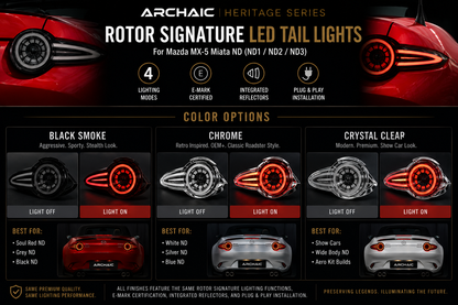 🔥 PRE-ORDER Archaic Heritage Series – Rotor Signature E-Mark LED Tail Lights for Mazda MX-5 Miata ND (ND1 / ND2 / ND3)