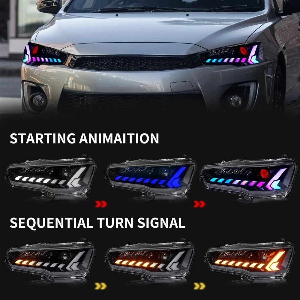 LED Headlights for Mitsubishi Lancer & EVO X 2008-2020 Projector Front lamp Assembly w Sequential Turn Signal and Startup Animation DRL
