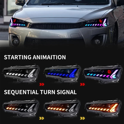 LED Headlights for Mitsubishi Lancer & EVO X 2008-2020 Projector Front lamp Assembly w Sequential Turn Signal and Startup Animation DRL
